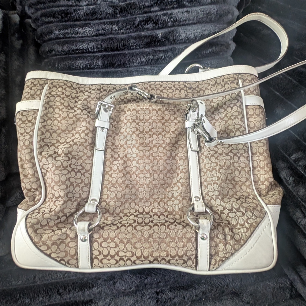 Coach Tan and White Textured Tote Bag